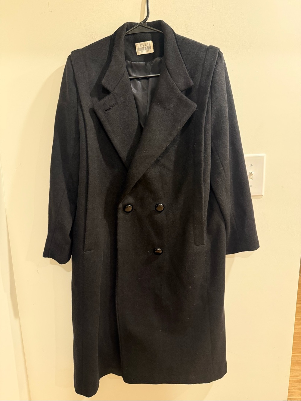 Vintage Leslie Fay Black Wool Double Breasted Long Winter Coat - size 2
